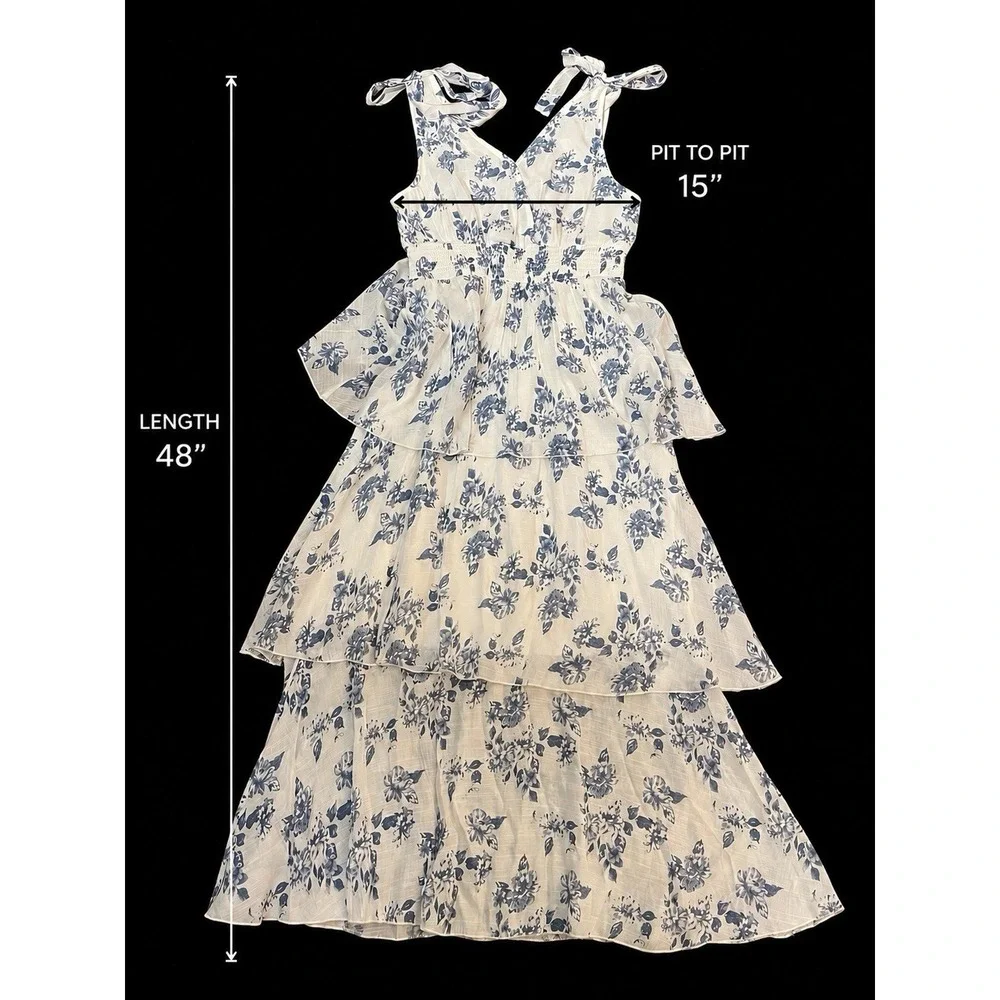J GEE  Blue & White Floral Tiered Maxi Dress Womens S Ruffles Cottage Fairy Boho